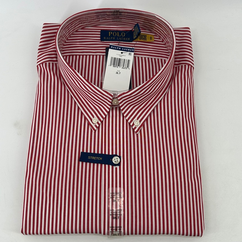 Polo Ralph Lauren Shirt Mens 3XLT Red White Button LS Stretch Classic Fit NWT
